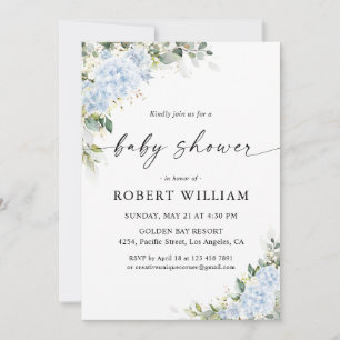 Invitation à la baby shower florale Hydrangea Bleu
