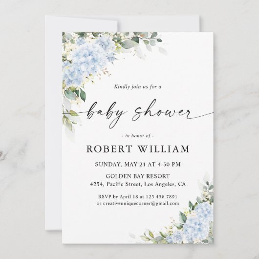 Invitation à la baby shower florale Hydrangea Bleu (Devant)