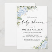 Invitation à la baby shower florale Hydrangea Bleu (Devant / Derrière)