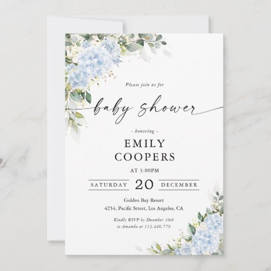 Invitation à la baby shower florale Hydrangea Bleu (Devant)