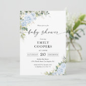 Invitation à la baby shower florale Hydrangea Bleu (Debout devant)