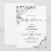 Invitation à la baby shower florale Hydrangea Bleu (Devant / Derrière)
