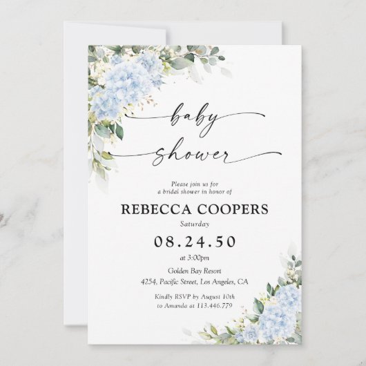 Invitation à la baby shower florale Hydrangea Bleu (Devant)