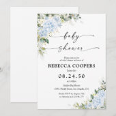 Invitation à la baby shower florale Hydrangea Bleu (Devant / Derrière)
