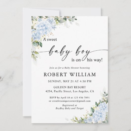 Invitation à la baby shower florale Hydrangea Bleu (Devant)