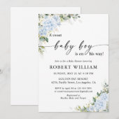 Invitation à la baby shower florale Hydrangea Bleu (Devant / Derrière)