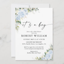 Invitation à la baby shower florale Hydrangea Bleu