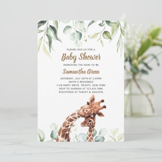 Invitation à la Baby Shower Greenery Giraffe (Debout devant)