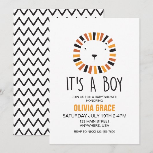 Invitation à la baby shower Lion Bébé (Devant / Derrière)