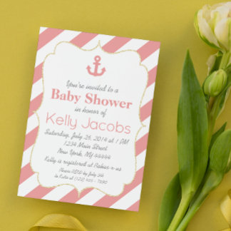 Invitation à la baby shower nautique corail et or