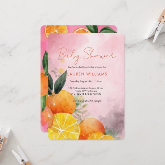 Invitation à la baby shower Oranges d'été (Devant/Arrière en situation)