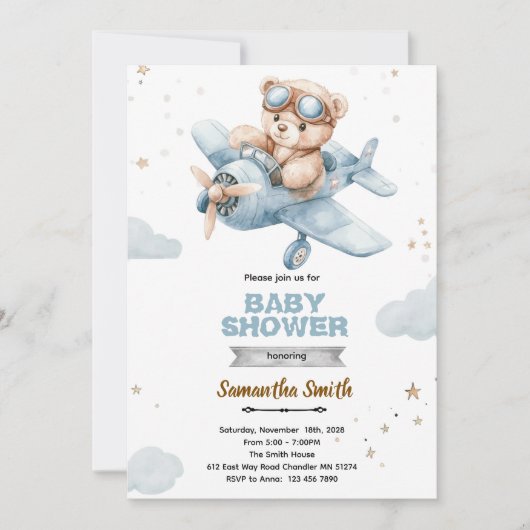 Invitation à la baby shower Ours Avion (Devant)