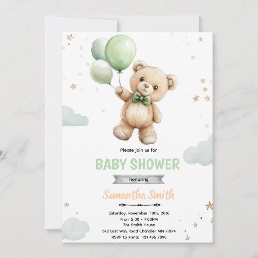 Invitation à la baby shower ours ballon vert (Devant)