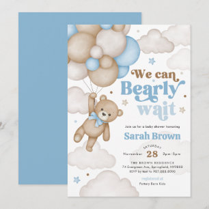 Invitation à la baby shower ours bleu ballon