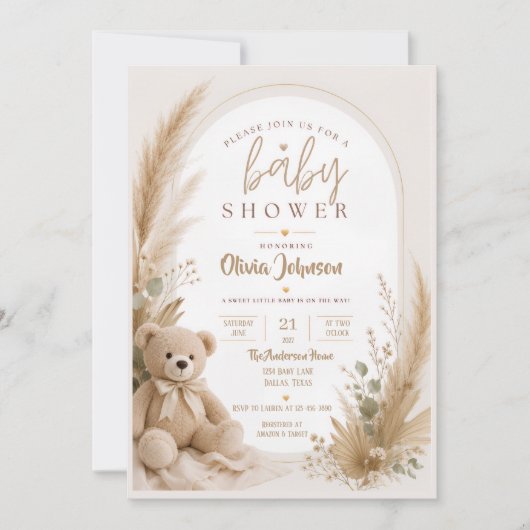 Invitation à la baby shower ourson boho (Devant)