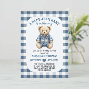 Invitation à la baby shower Ourson en Jean Bleu