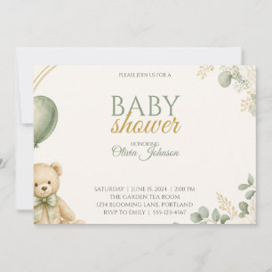 Invitation à la baby shower ourson vert sauge