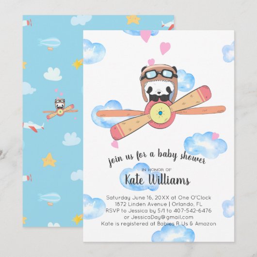 Invitation à la baby shower Panda Pilote (Devant / Derrière)