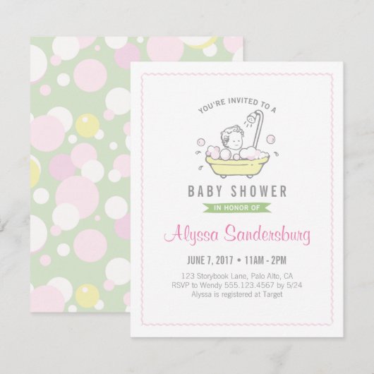 Invitation à la baby shower pour bébé fille au bai (Devant / Derrière)