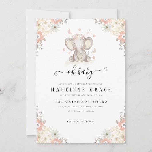 Invitation à la baby shower pour bébé fille élépha (Devant)