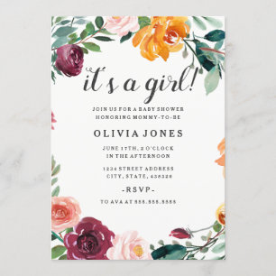 Invitation à la baby shower pour fille aux fleurs 