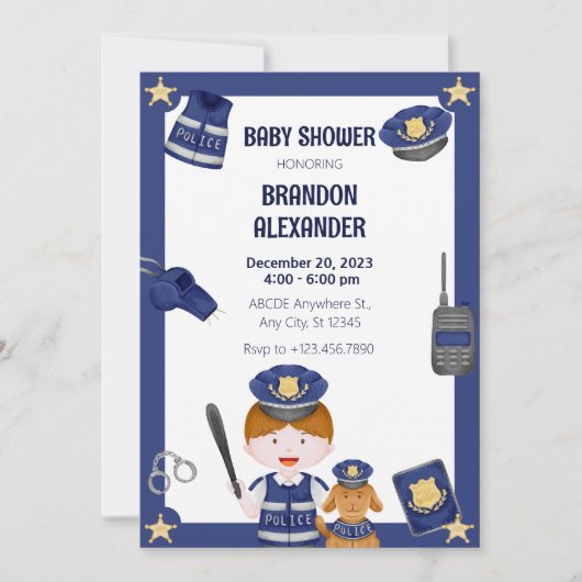 Invitation à la baby shower pour garçon policier (Devant)