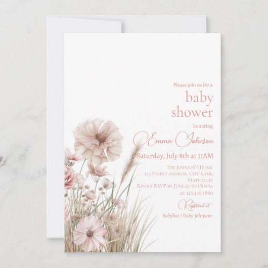 Invitation à la baby shower sur le thème des fleur (Devant)