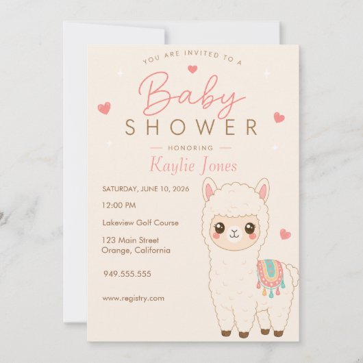 Invitation à la baby shower thème Alpaga (Devant)
