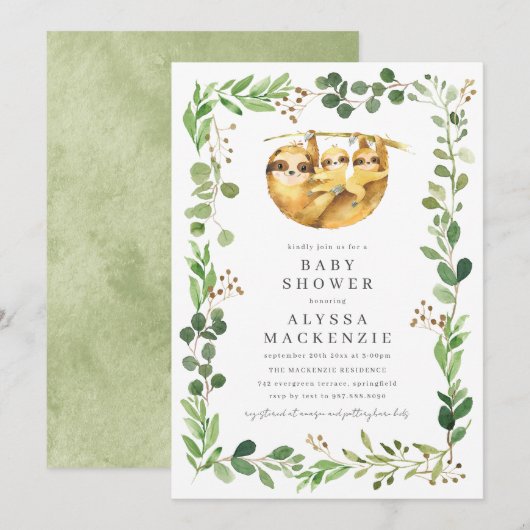 Invitation à la baby shower Twin Sloth (Devant / Derrière)