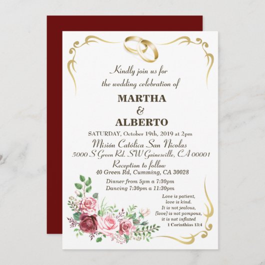 Invitation à la Bourgogne Floral Modern Gold Frame (Devant / Derrière)