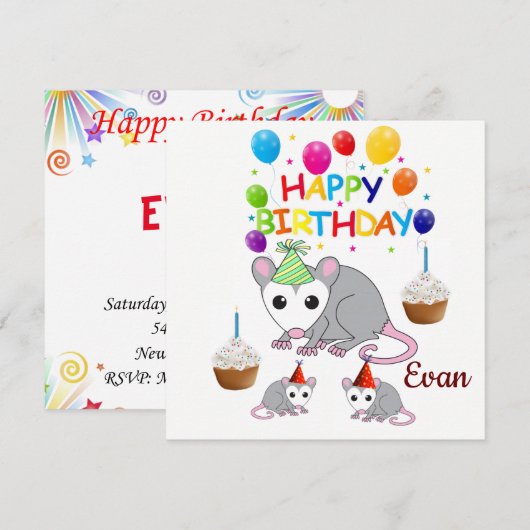 Invitation à la carte d'anniversaire Possum (Devant / Derrière)
