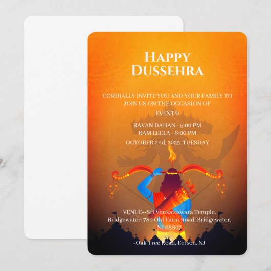 Invitation à la célébration de Dussehra (Devant / Derrière)