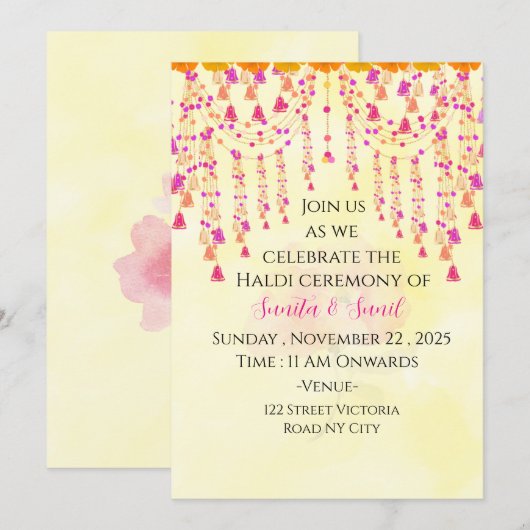 Invitation à la cérémonie de Haldi de mariage indi (Devant / Derrière)