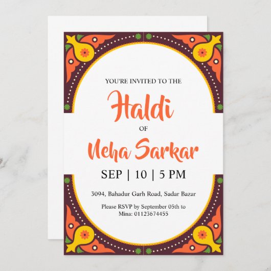 invitation à la cérémonie haldi (Devant / Derrière)