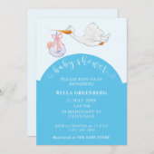 Invitation à la cigogne Baby shower bleu (Devant / Derrière)
