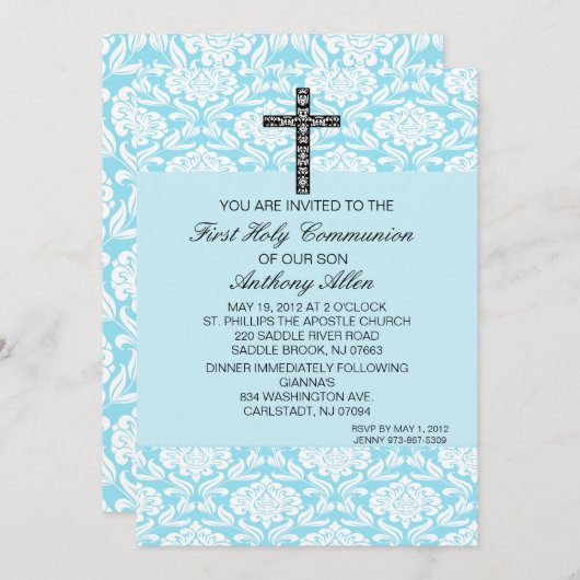 Invitation à la communion Blue Damask Boys (Devant / Derrière)