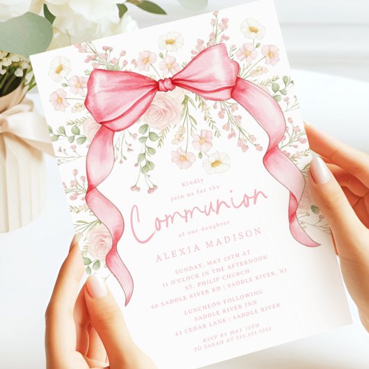 Invitation à la communion fleur sauvage Pink Bow