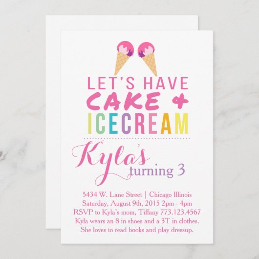 Invitation à la crème glacée et au gâteau (Devant / Derrière)