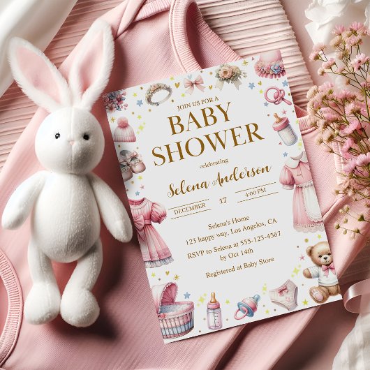 Invitation à la douche avec bébé rose avec jouets 