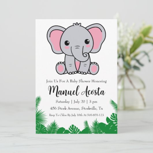 invitation à la douche bébé à l'éléphant de la jun (Debout devant)