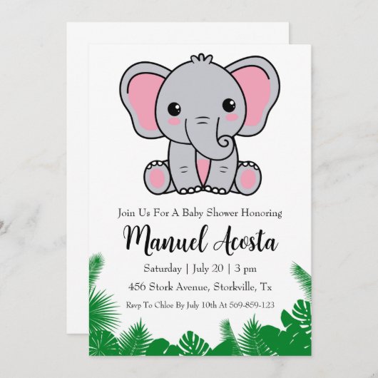 invitation à la douche bébé à l'éléphant de la jun (Devant / Derrière)