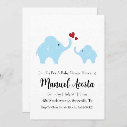 invitation à la douche bébé à l'éléphant de la jun (Devant / Derrière)