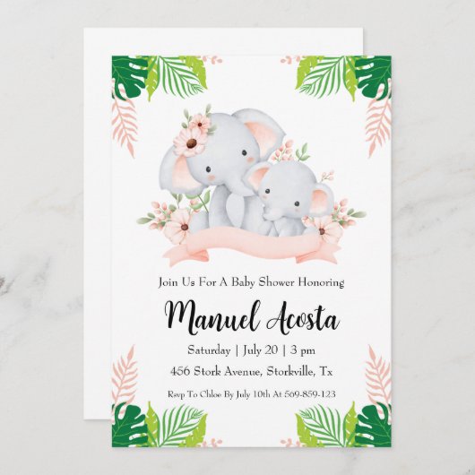 invitation à la douche bébé à l'éléphant de la jun (Devant / Derrière)