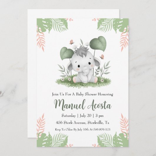 invitation à la douche bébé à l'éléphant de la jun (Devant / Derrière)