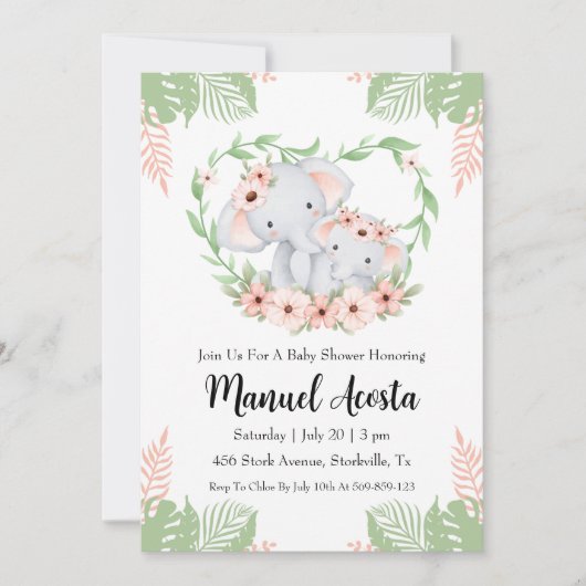 invitation à la douche bébé à l'éléphant de la jun (Devant)