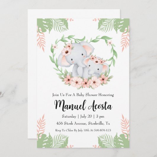 invitation à la douche bébé à l'éléphant de la jun (Devant / Derrière)