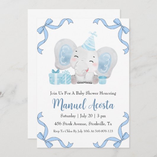 invitation à la douche bébé d'éléphant bleu modern (Devant / Derrière)
