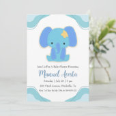 invitation à la douche bébé d'éléphant bleu modern (Debout devant)