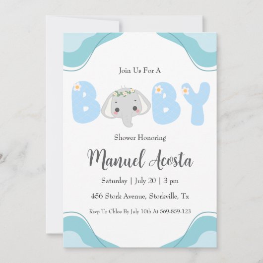 invitation à la douche bébé d'éléphant bleu modern (Devant)