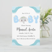 invitation à la douche bébé d'éléphant bleu modern (Debout devant)
